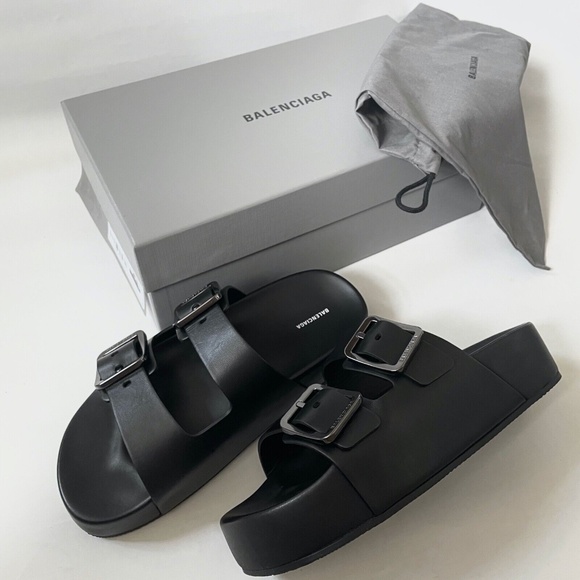 BALENCIAGA Mallorca Platform Leather Sandals Slides Black Size 40 US 10 - Picture 2 of 6